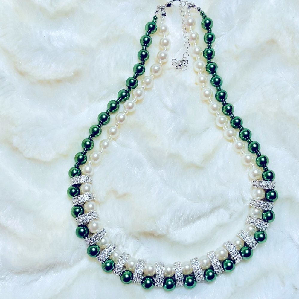 Green and white glass pearl necklace with crystal spacers
